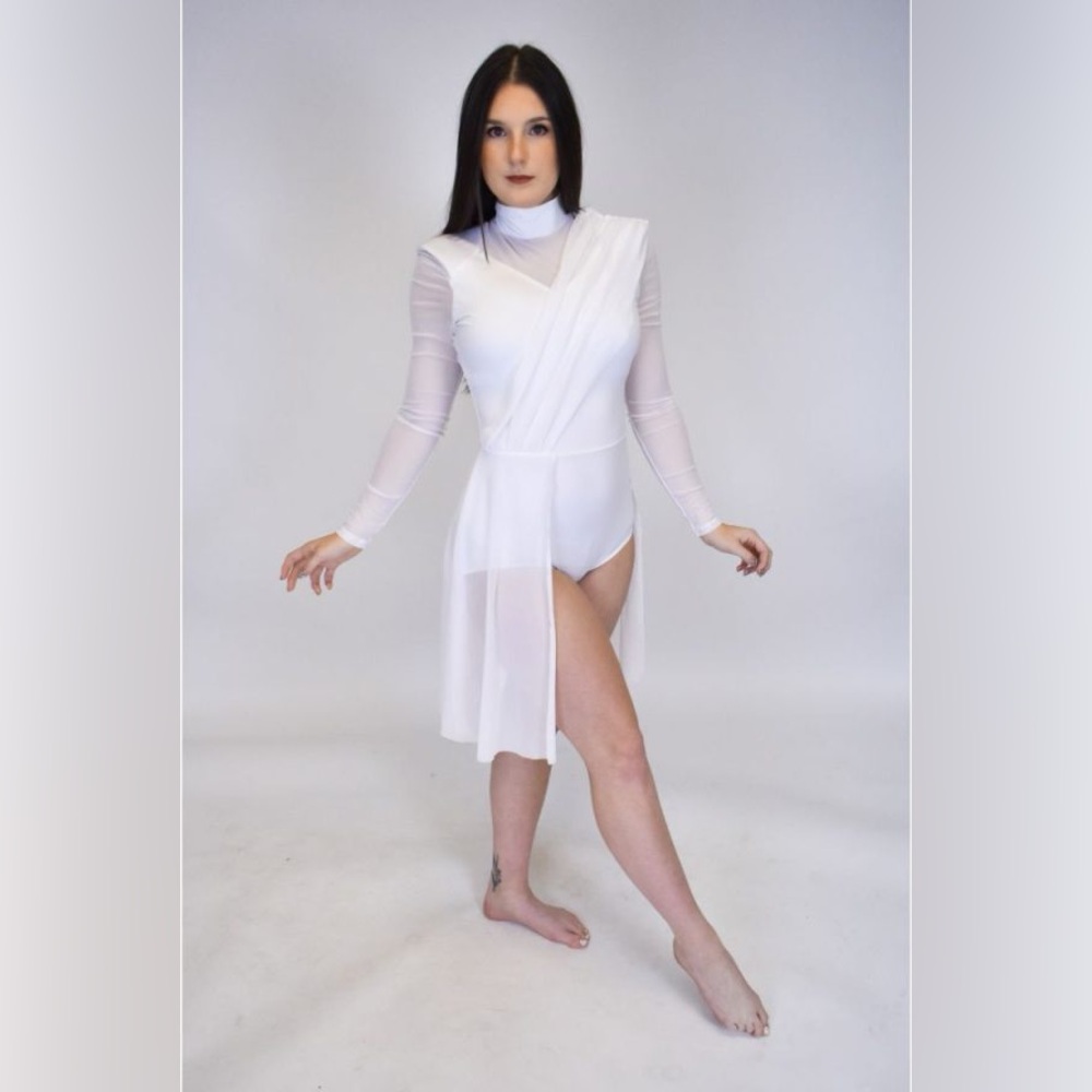 Weissman white long sleeve leotard dance costume with skirt MA.